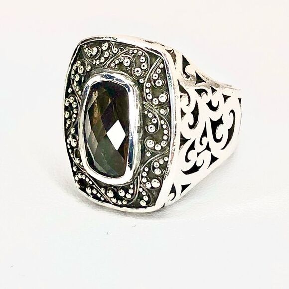LOIS HILL Sterling Silver Smokey Topaz Granulated Caviar Cut Out Cocktail Ring - Picture 7 of 17
